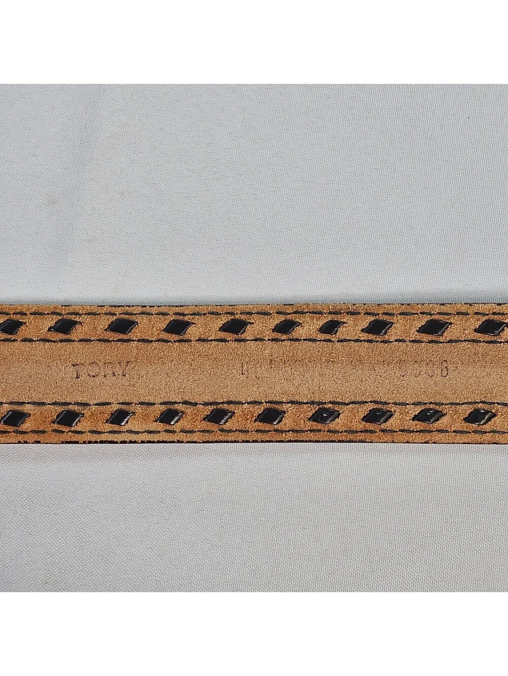 Vintage Tan Leather Whipstitch Belt Mens Brown Woven Boho Western 41.5 Inch